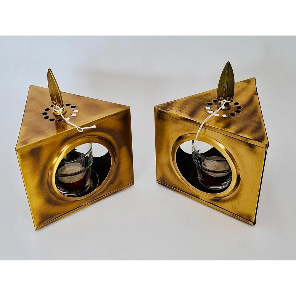 Vintage Copper Craft Solid Brass Triangular Candle Lanterns Votive Holders Pair